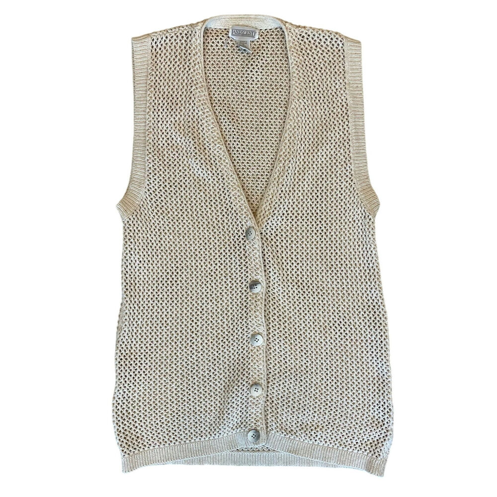 Vintage Lands’ End Silk Cotton Knit Vest Women’s Small Open Weave Button Front